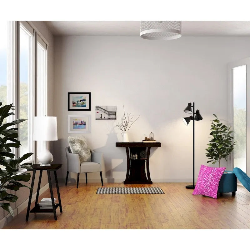 Narrow-sided table with shelves and metal frame