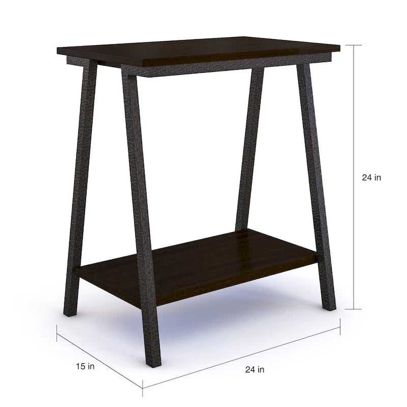 Narrow-sided table with shelves and metal frame