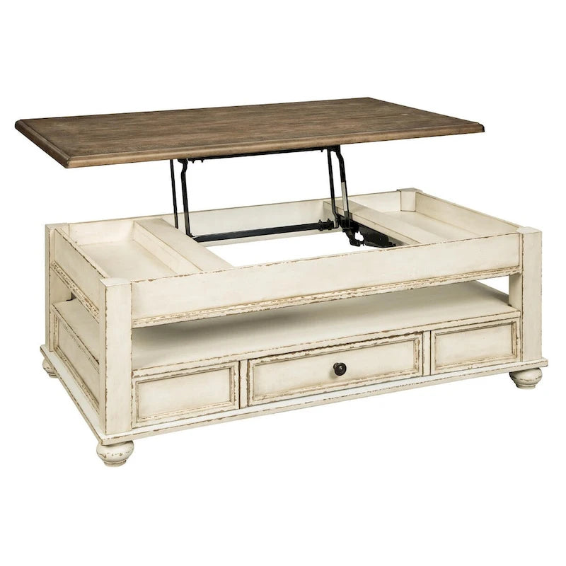 White/brown traditional lift-up cocktail table