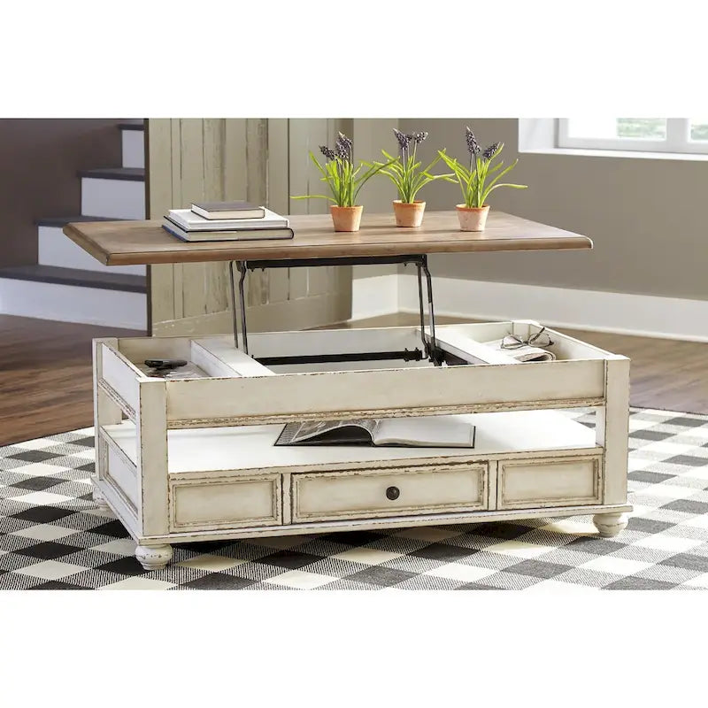 White/brown traditional lift-up cocktail table
