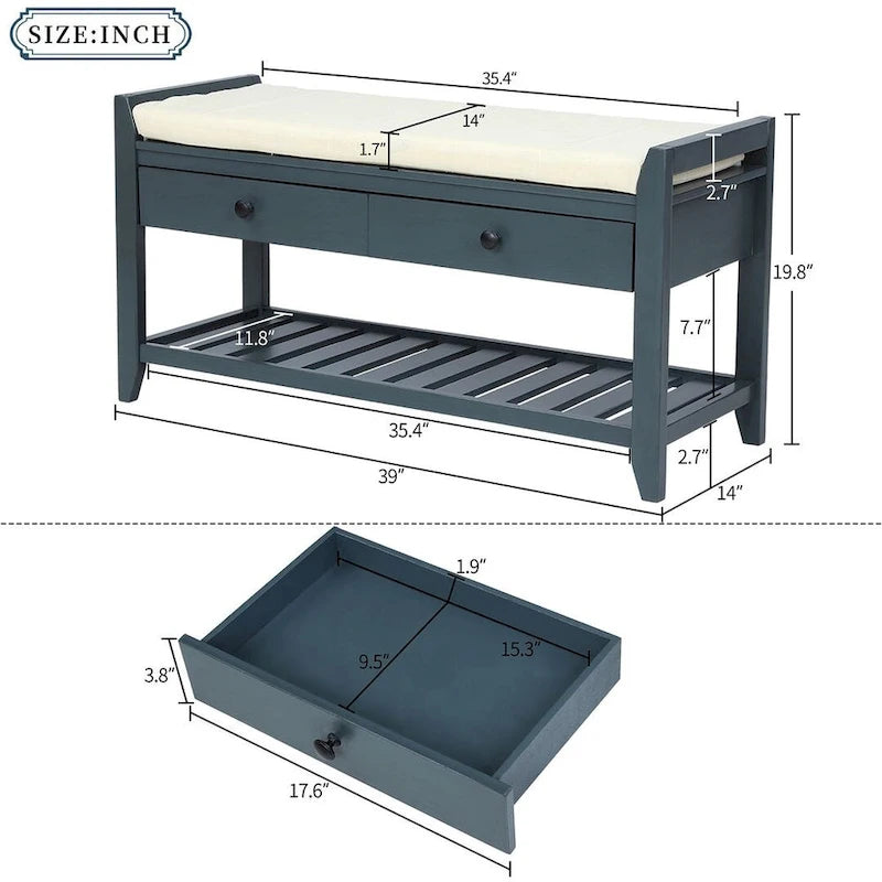 39 Modern Versatile Entry Upholstered Storage Bench with Shoe Rack and Drawers