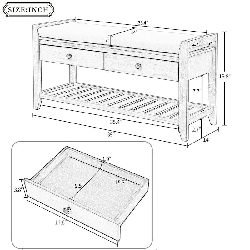 39 Modern Versatile Entry Upholstered Storage Bench with Shoe Rack and Drawers