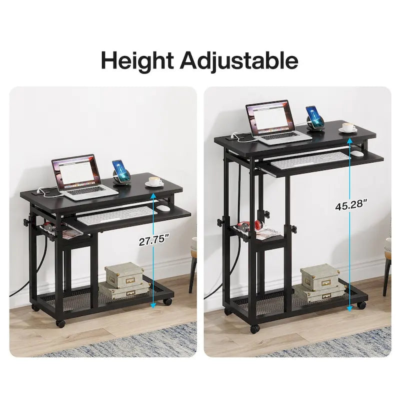 Height Adjustable Small Portable Desk, C Side Table with Outlet and USB Ports