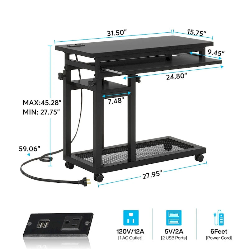 Height Adjustable Small Portable Desk, C Side Table with Outlet and USB Ports