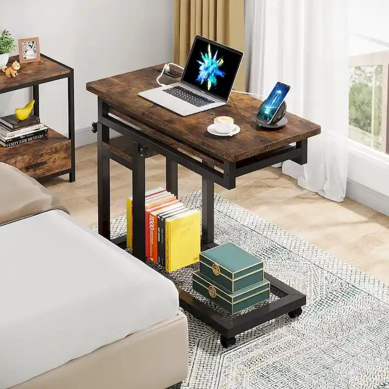 Height Adjustable Small Portable Desk, C Side Table with Outlet and USB Ports