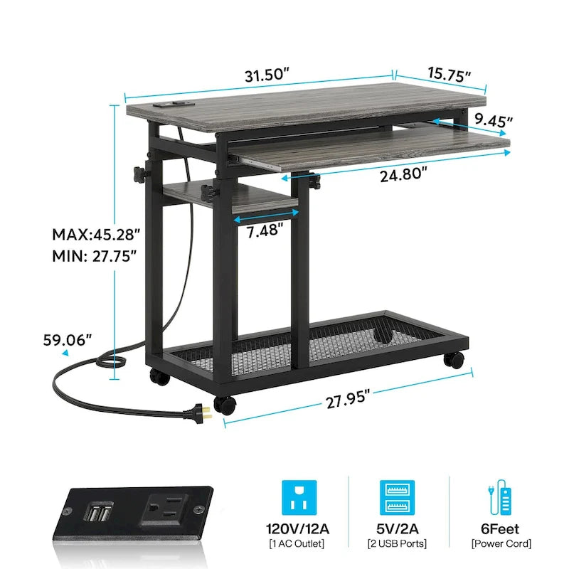 Height Adjustable Small Portable Desk, C Side Table with Outlet and USB Ports