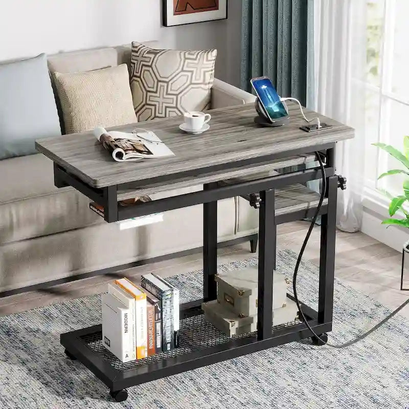 Height Adjustable Small Portable Desk, C Side Table with Outlet and USB Ports