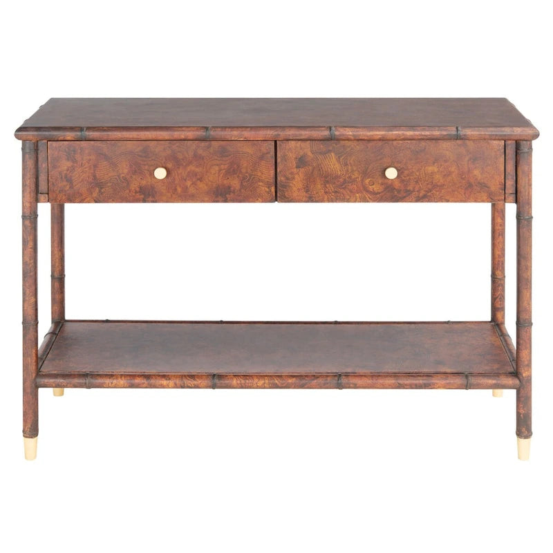 Dark brown/gold double-drawer single-layer console table - 42 inches wide x 15.8 inches long x 29 inches high - 42W x 16D x 29H