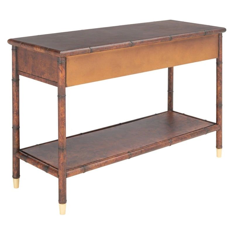 Dark brown/gold double-drawer single-layer console table - 42 inches wide x 15.8 inches long x 29 inches high - 42W x 16D x 29H