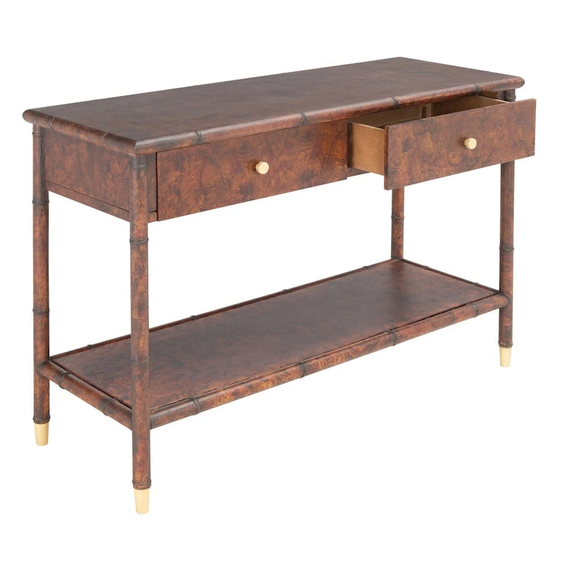 Dark brown/gold double-drawer single-layer console table - 42 inches wide x 15.8 inches long x 29 inches high - 42W x 16D x 29H