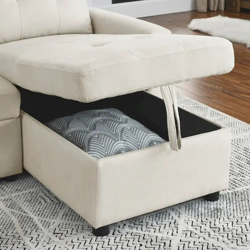 78.5-inch Beige Reversible Sleeper Sectional Sofa with Storage Chaise and Side Storage Bag - 78.5W x 49D x 31H