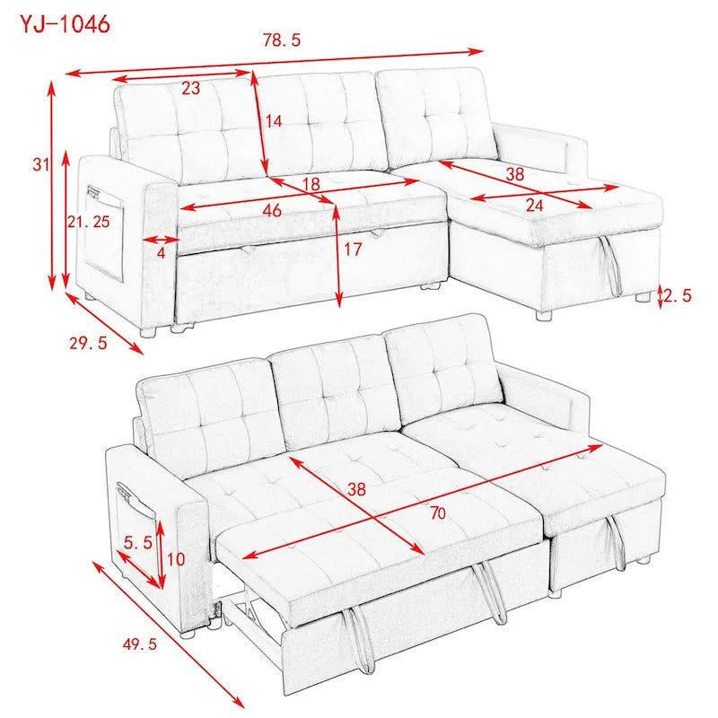 78.5-inch Beige Reversible Sleeper Sectional Sofa with Storage Chaise and Side Storage Bag - 78.5W x 49D x 31H