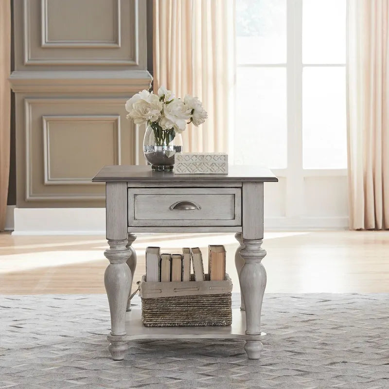 Vintage white and weathered pine drawer side table