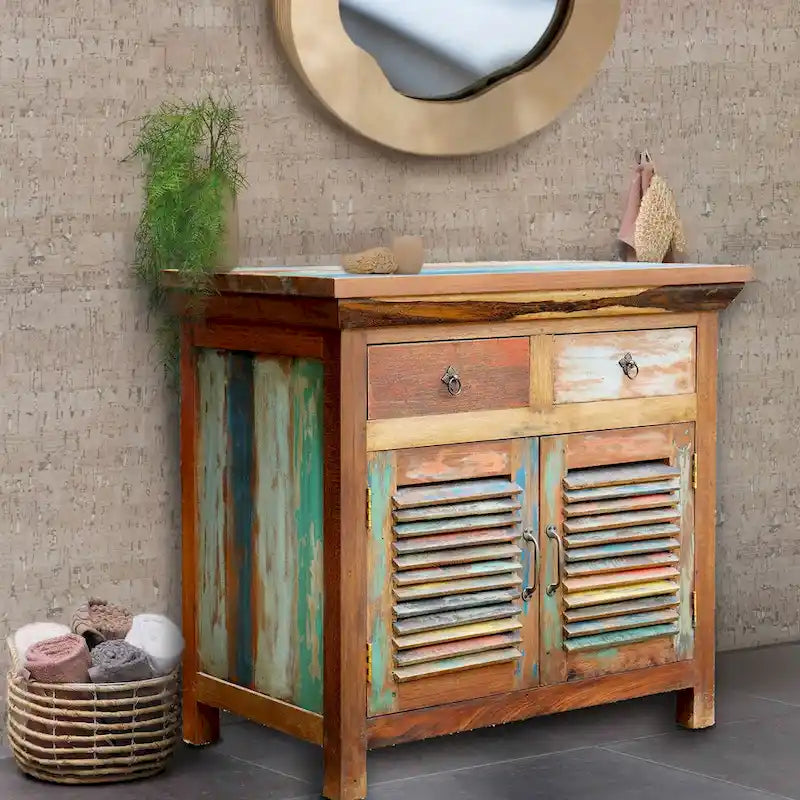 Recycled teak louvered linen cabinet with 2 doors and 2 drawers.
