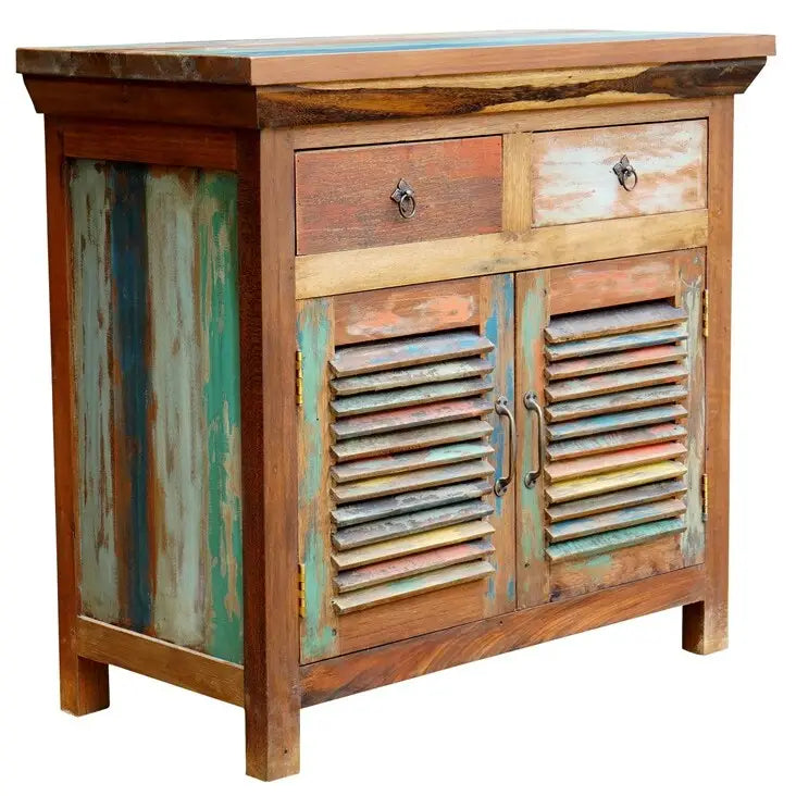 Recycled teak louvered linen cabinet with 2 doors and 2 drawers.