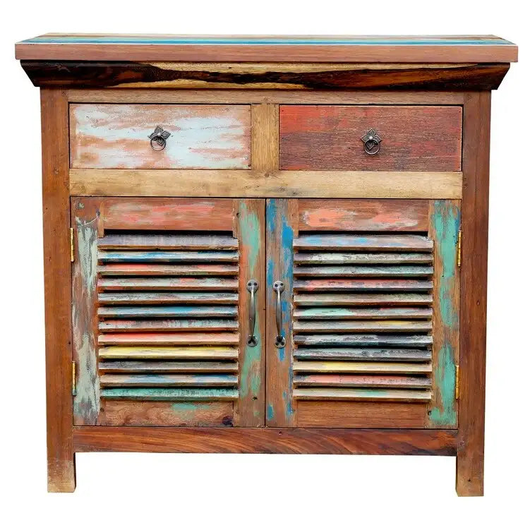 Recycled teak louvered linen cabinet with 2 doors and 2 drawers.