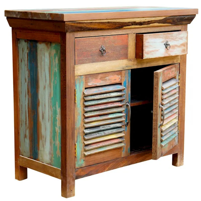 Recycled teak louvered linen cabinet with 2 doors and 2 drawers.